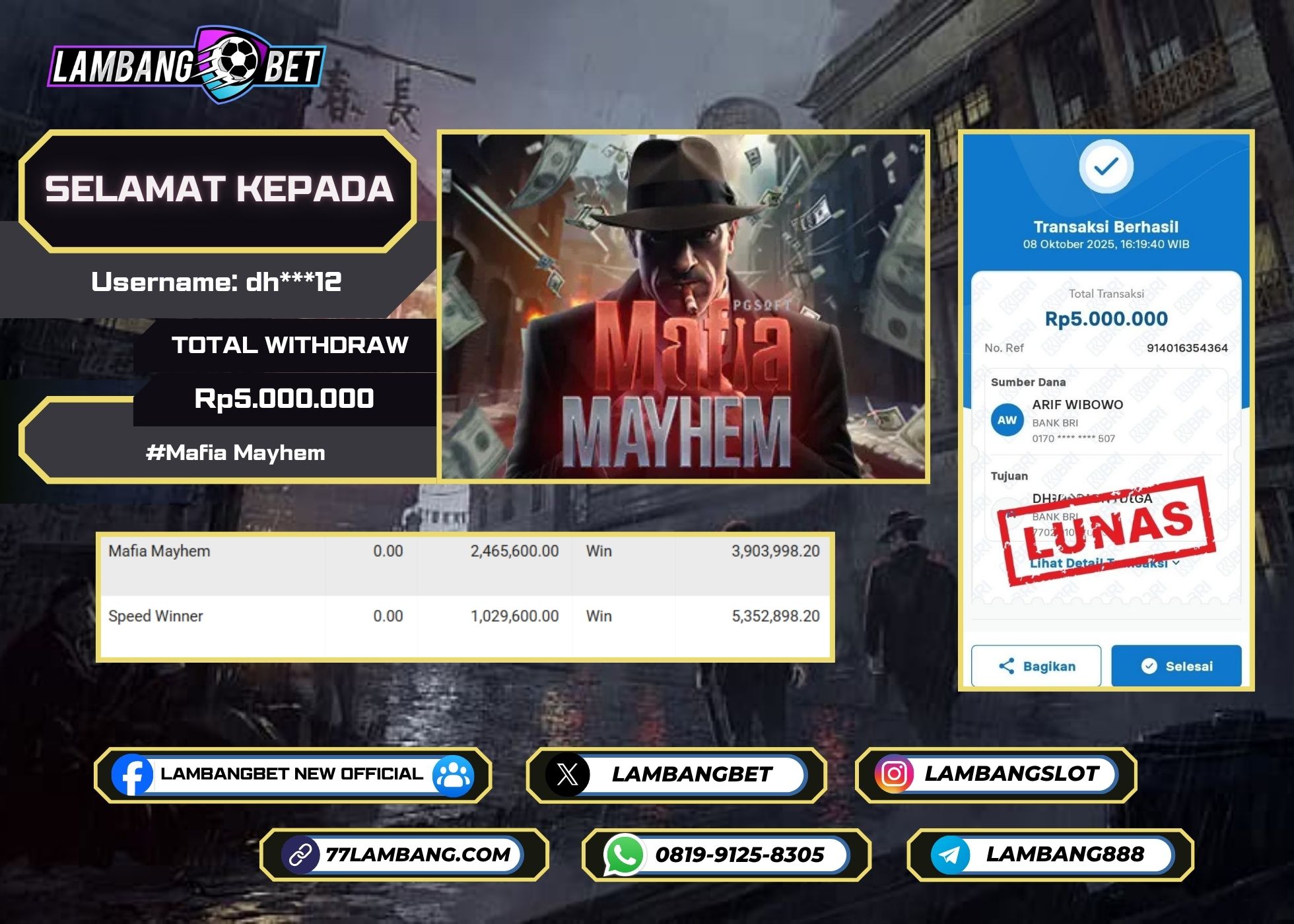 LAMBANGBET [8 OKTOBER 2025] JACKPOT SLOT Mafia Mayhem "Rp5.000.000" LUNAS